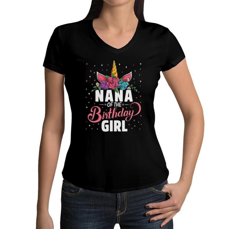 Nana Of The Birthday Girl Unicorn Girls Family Matching Women V-Neck T-Shirt