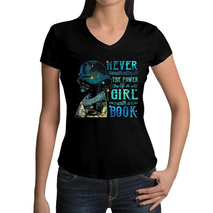 Never Underestimate The Power Of A Girl With Book Ruth Rbg  Women V-Neck T-Shirt
