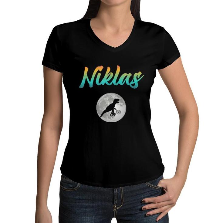 Niklas Cool Boys Name With Colorful Cute Dinos For  Women V-Neck T-Shirt