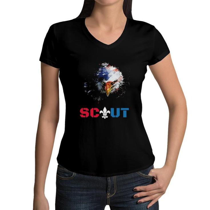Patriotic Scout Boy Girl Scouting Lover Us Flag Eagle Women V-Neck T-Shirt