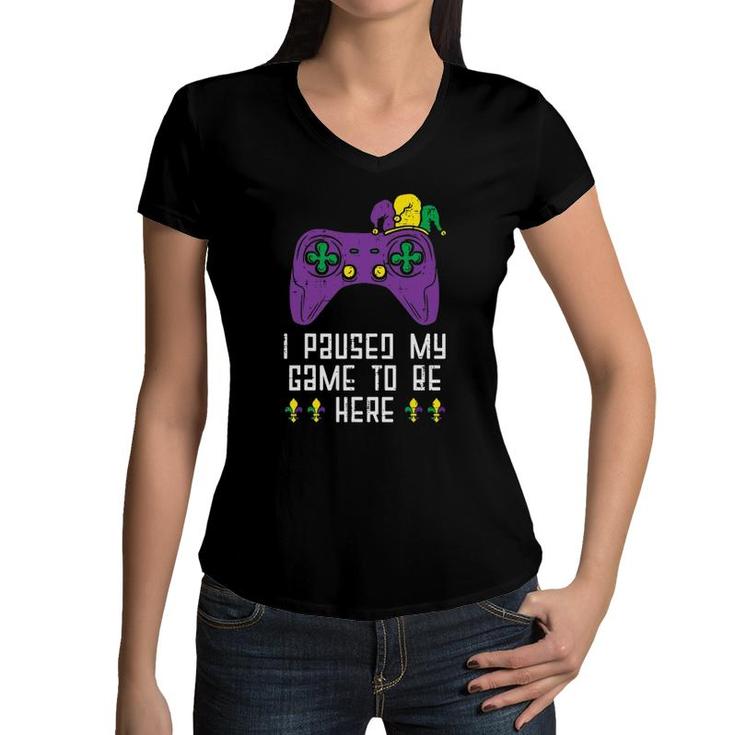 Paused My Game Mardi Gras Video Gaming Gamer Boys Men Kids Women V-Neck T-Shirt