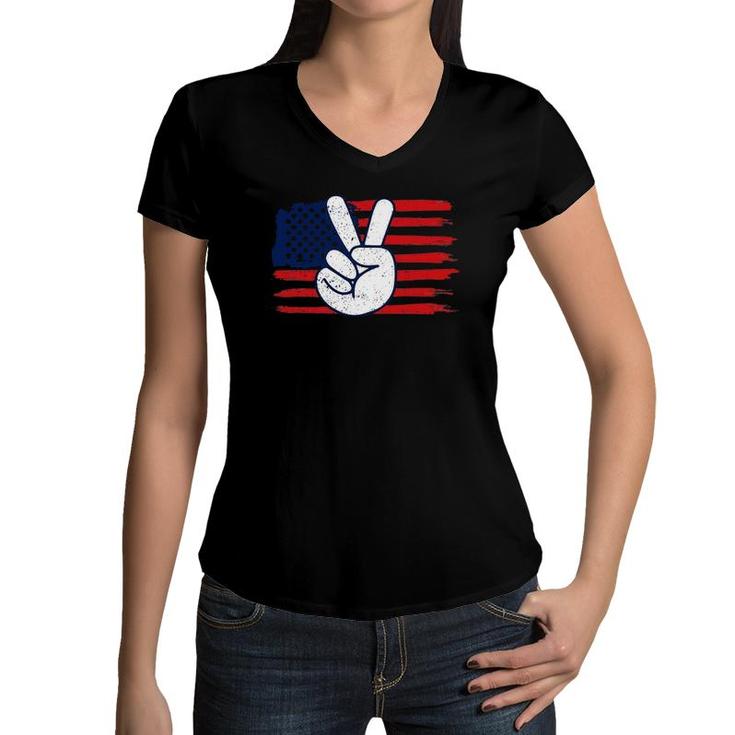 Peace Sign American Flag Baby Girl Boy Independence Day Women V-Neck T-Shirt