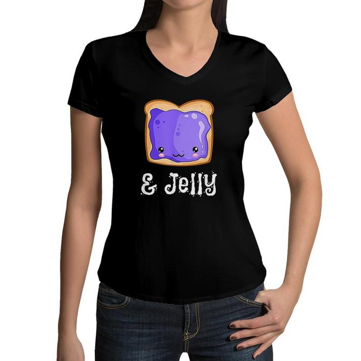 Peanut Butter Jelly Kawaii Matching Blueberry Jam  Women V-Neck T-Shirt