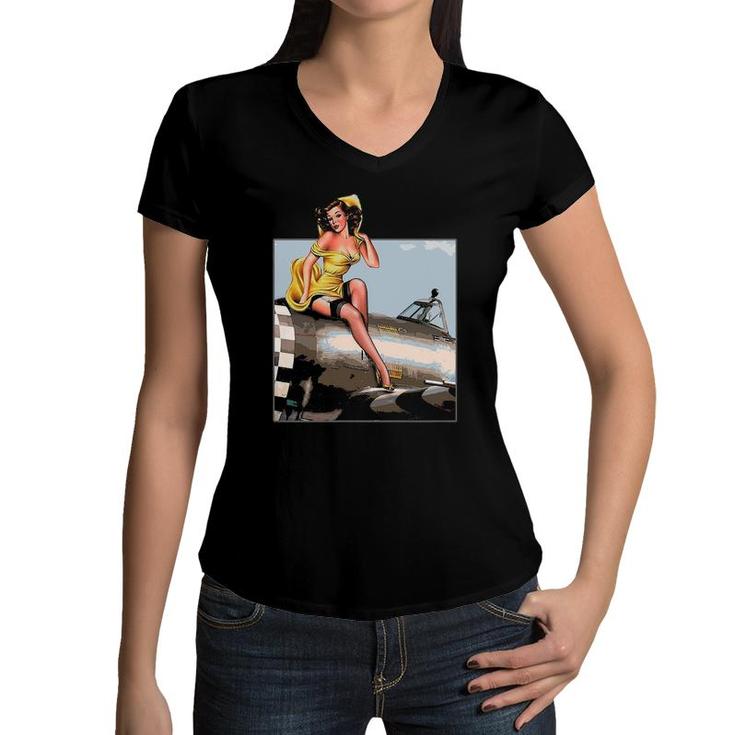 Pin Up Girl Wings P47 Vintage Poster 40S Ww2 Ver2 Women V-Neck T-Shirt