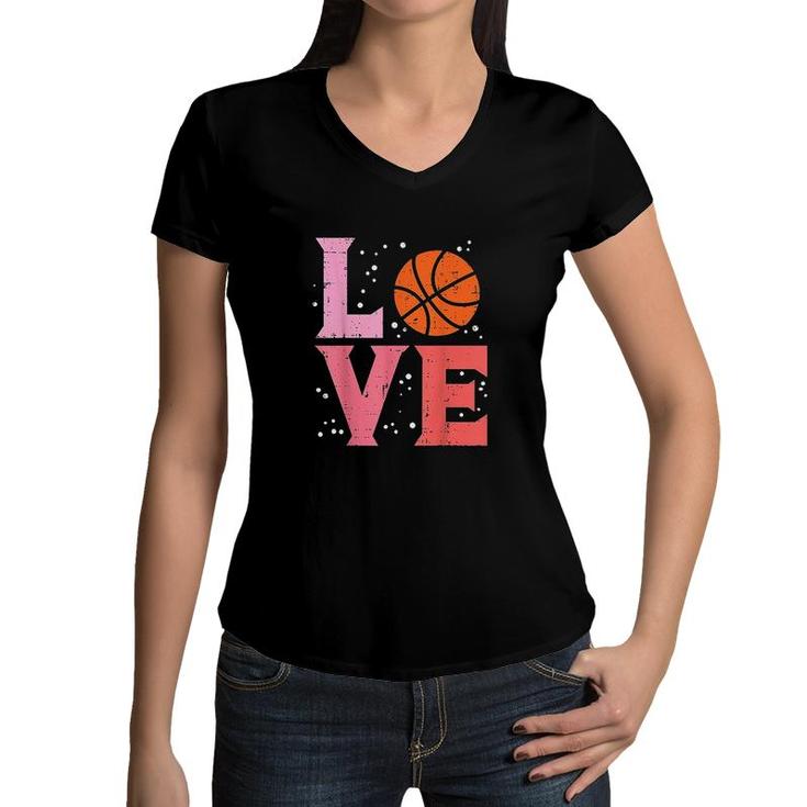 Pink Love Basketball Cute Sports Lover Men Women Kids Girls  Women V-Neck T-Shirt