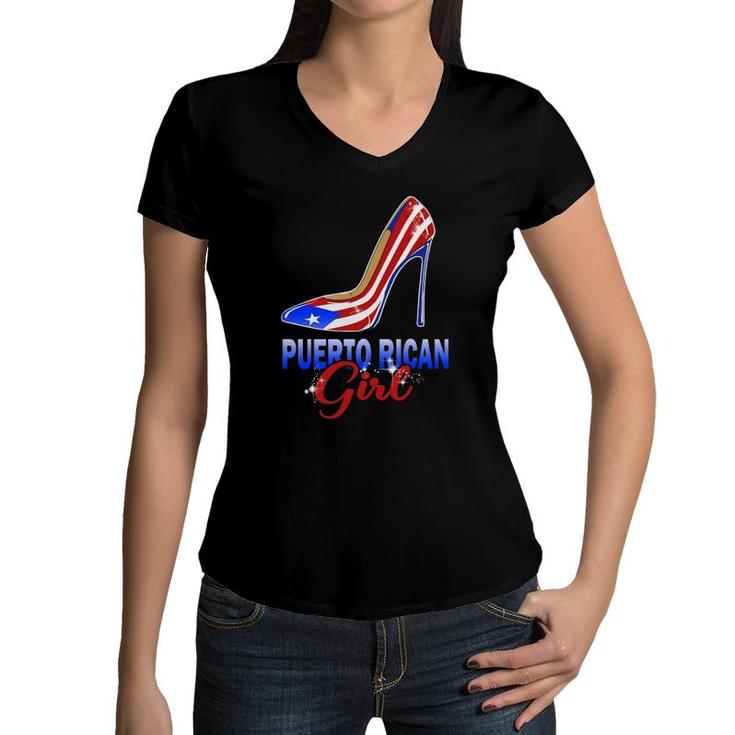 Puerto Rican Flag High Heels Girl Puerto Rico Women V-Neck T-Shirt