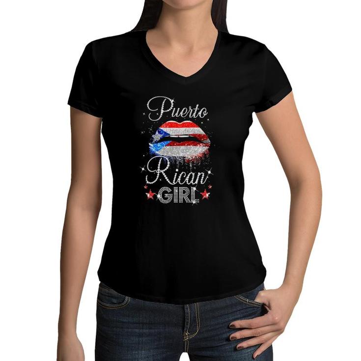 Puerto Rican Flag Lip Girl Puerto Rico Sparkle Stars Women V-Neck T-Shirt