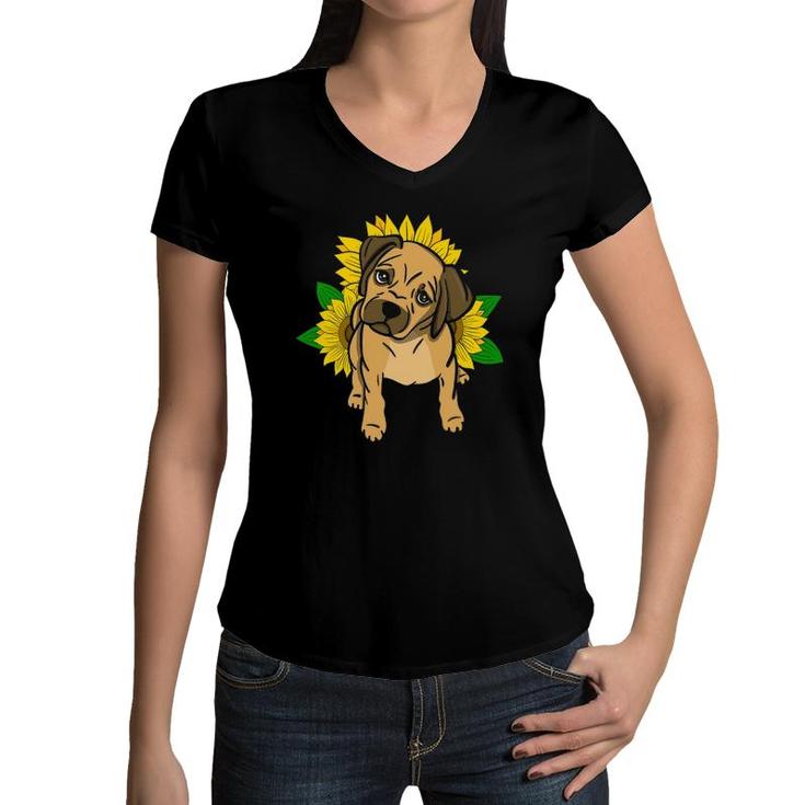 Puggle And Sunflowers Dog Lover Gifts For Women And Girls Women V-Neck T-Shirt