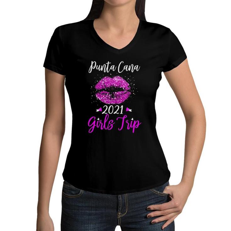 Punta Cana Girls Trip 2021 Vacation Gift Pink Lips Women V-Neck T-Shirt