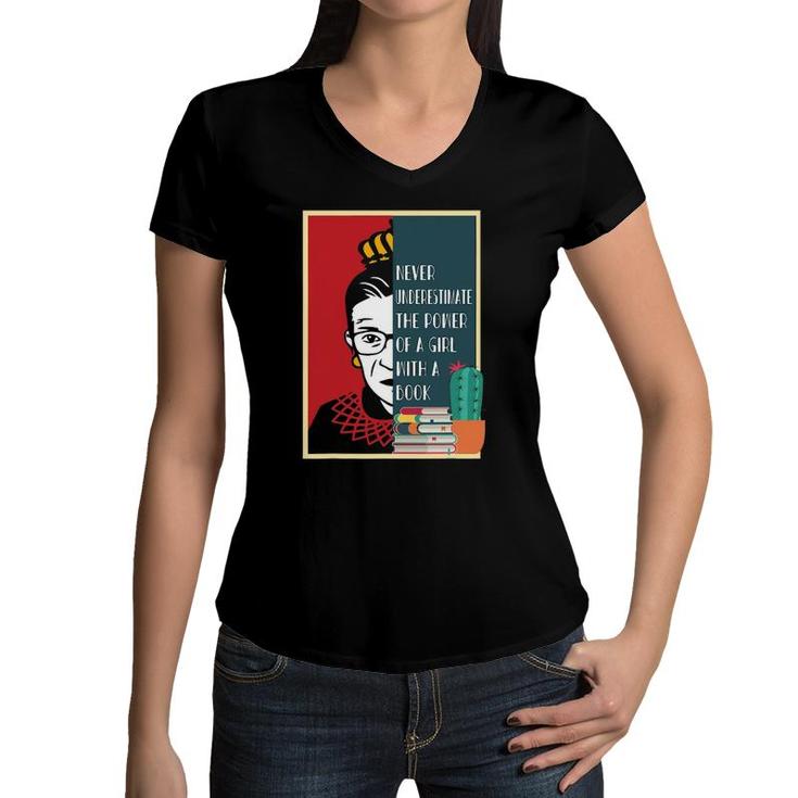 Rbg Never Underestimate The Power Of A Girl With A Book Women V-Neck T-Shirt