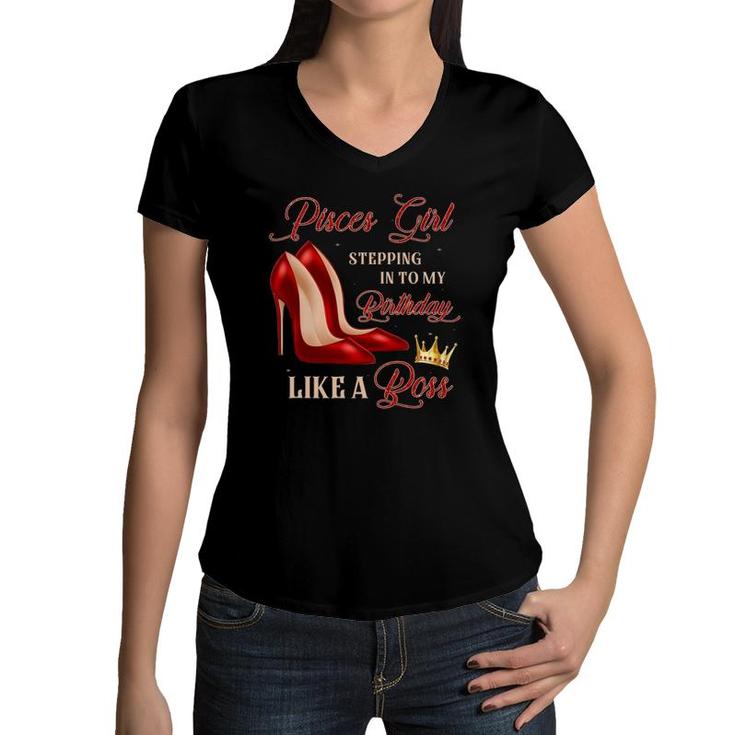 Red Heels Pisces Girl Stepping Into Birthday Astrology Women V-Neck T-Shirt