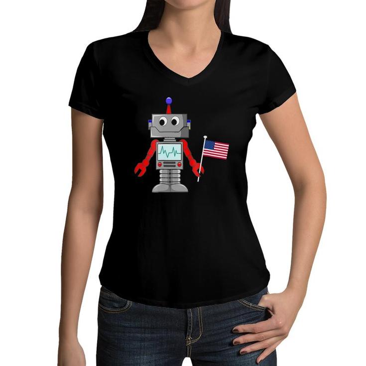 Robot With American Flag Boys 4-12 For 4Th Of July Women V-Neck T-Shirt