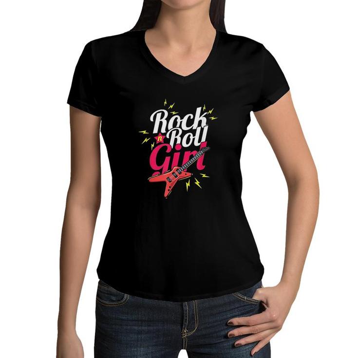 Rock N Roll Girl Guitarist Bassist Musician Rocker Gift Women V-Neck T-Shirt