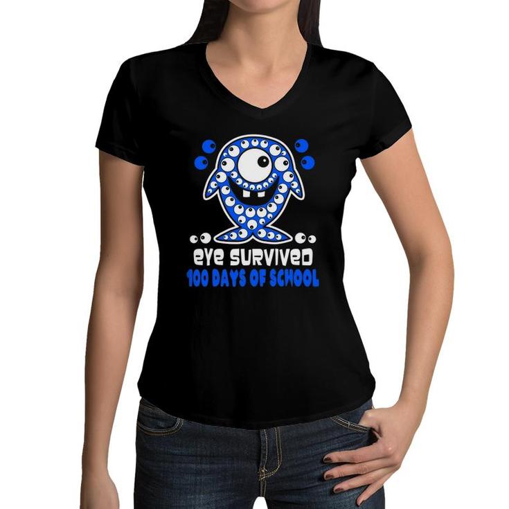 Shark Eye Survived 100 Day Of School Gift Kids & Teachers Women V-Neck T-Shirt