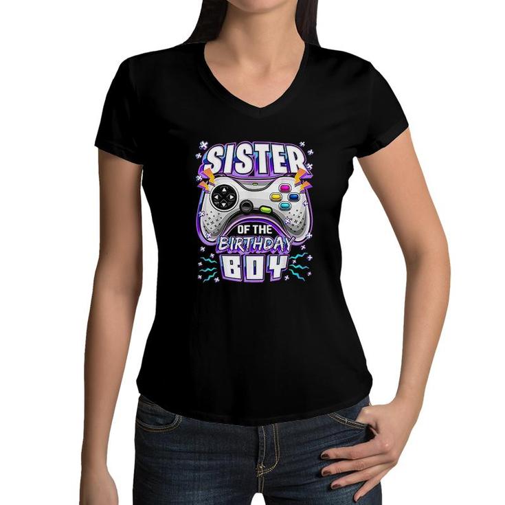 Sister Of The Birthday Boy Matching Video Gamer Party  Women V-Neck T-Shirt