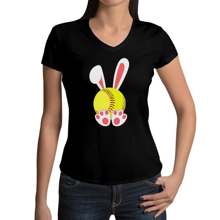 Softball Player Easter Bunny Ears For Girls Boys Women V-Neck T-Shirt