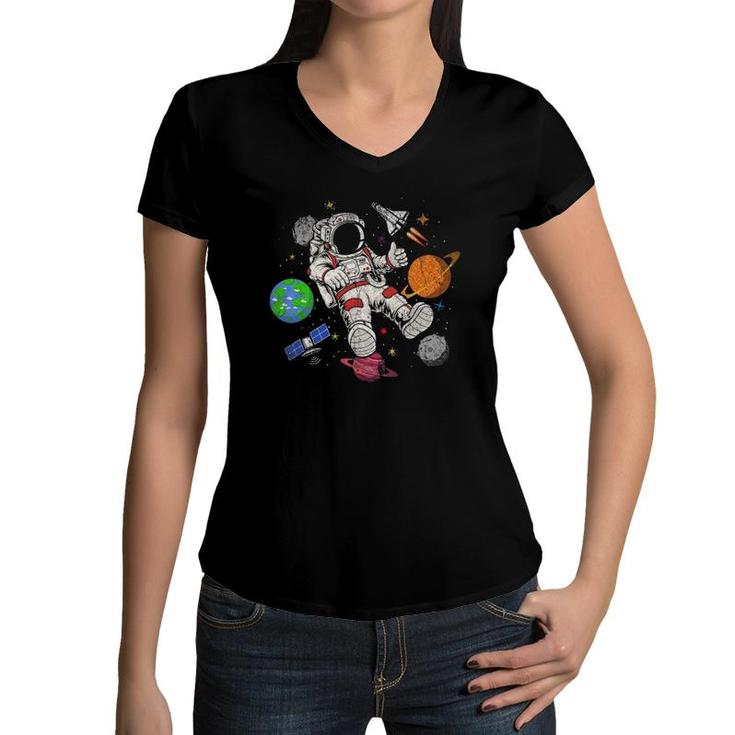 Space Science Planets Moon Rocketship Kids Gift Astronaut Women V-Neck T-Shirt