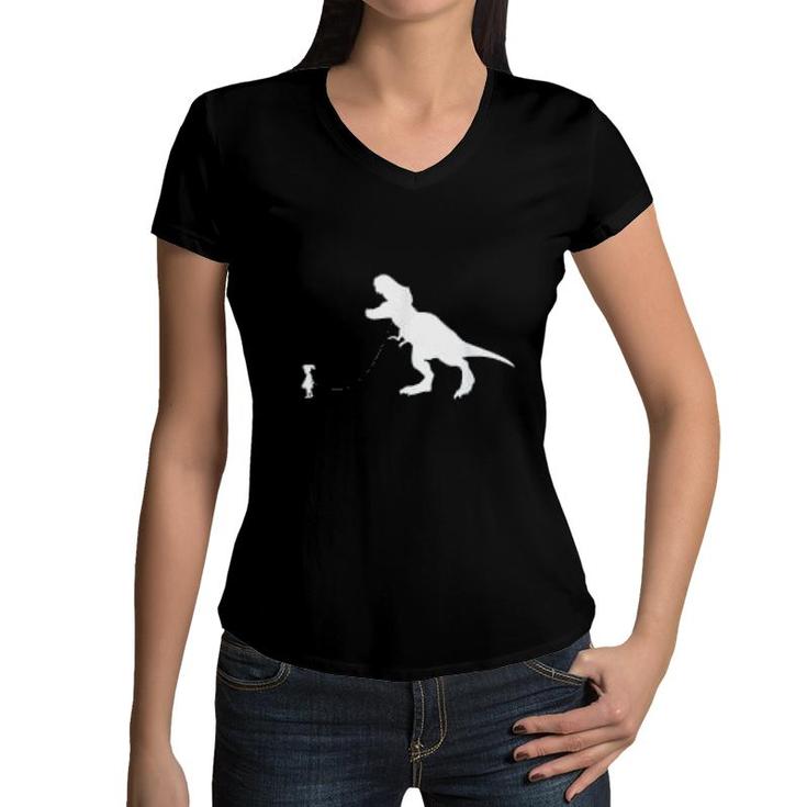 T Rex Dinosaur Pet On A Leach Led By A Girl Women V-Neck T-Shirt