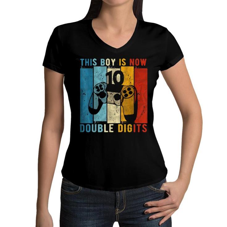 This Boy Is Now Double Digits 10Th Birthday Boy 10 Year Old  Women V-Neck T-Shirt