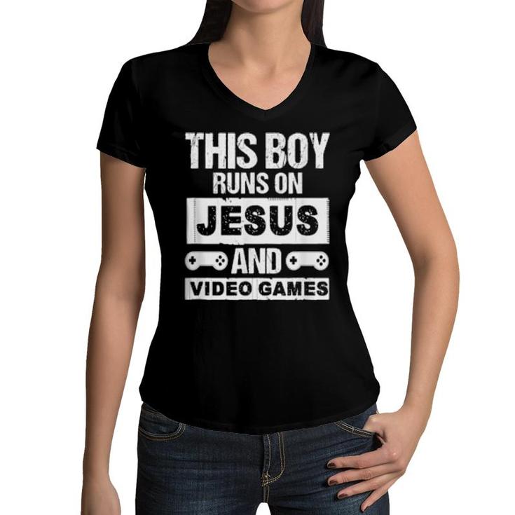 This Boy Runs On Jesus And Video Games Christian Banner  Women V-Neck T-Shirt