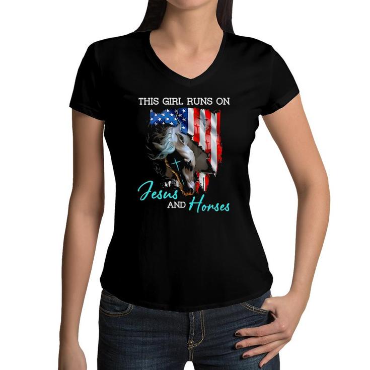 This Girl Runs On Jesus And Horses American Flag Women V-Neck T-Shirt