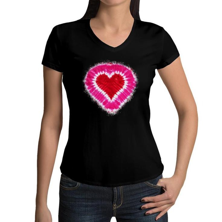 Toddler Kids Adults Red & Pink Heart Tie Dye Valentine's Day Women V-Neck T-Shirt