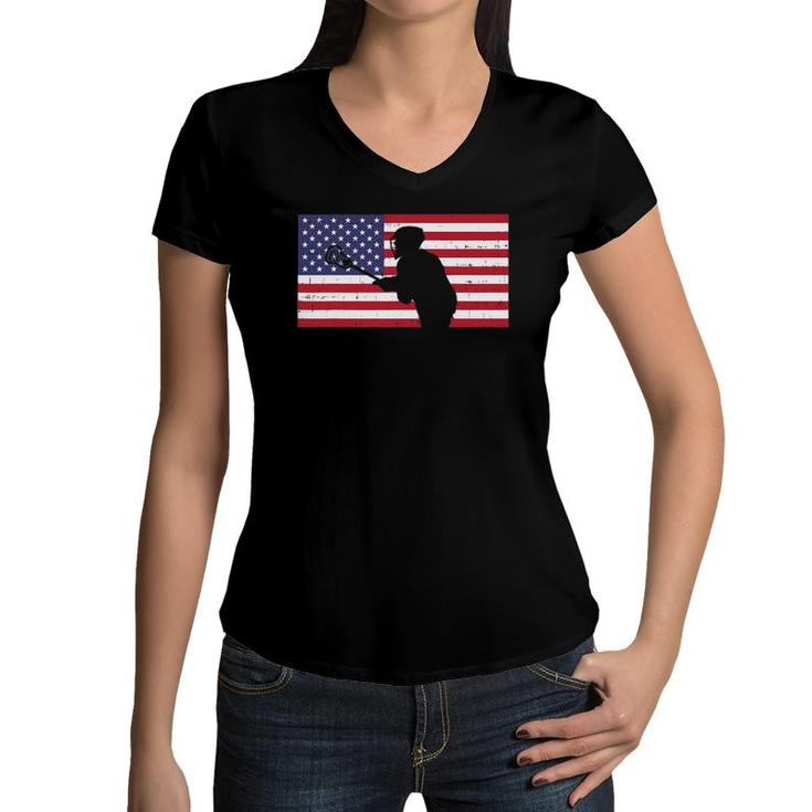 Us Flag Lacrosse Player Vintage Lax Patriotic Men Women Kids Women V-Neck T-Shirt