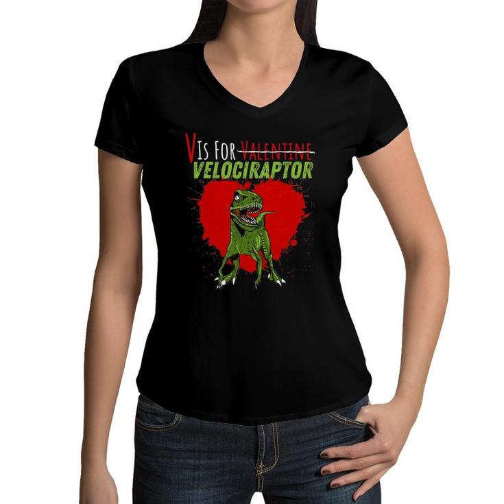 V Is For Valentine Velociraptor Funny Boys, Kids Dinosaur Women V-Neck T-Shirt