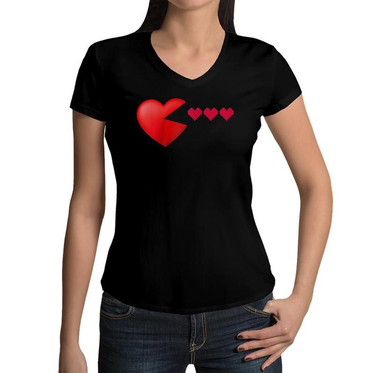 Valentine's Day Hearts Gamers Funny Boys Girls Kids Gift Raglan Baseball Tee Women V-Neck T-Shirt