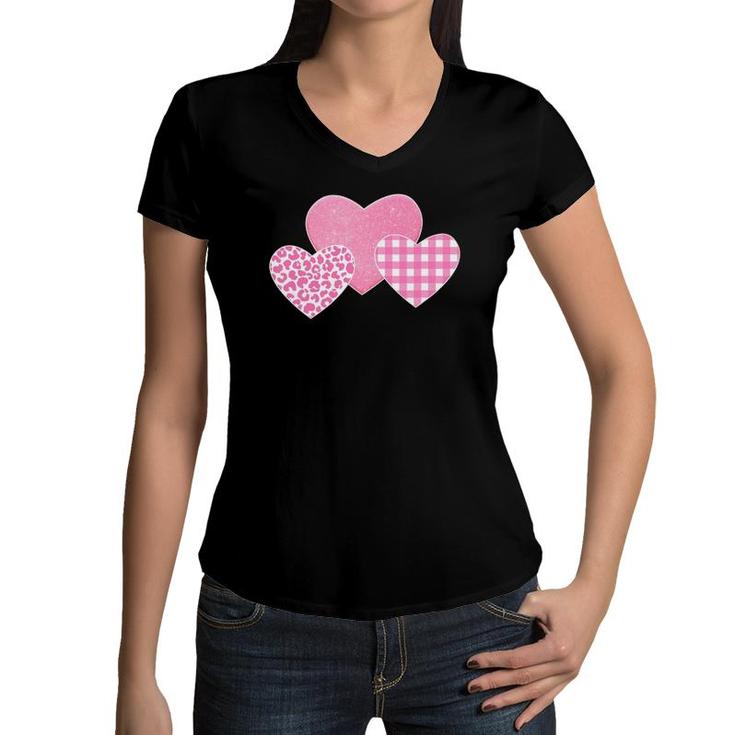 Valentine's Day Pink Leopard Buffalo Plaid Hearts Kids Girls Women V-Neck T-Shirt