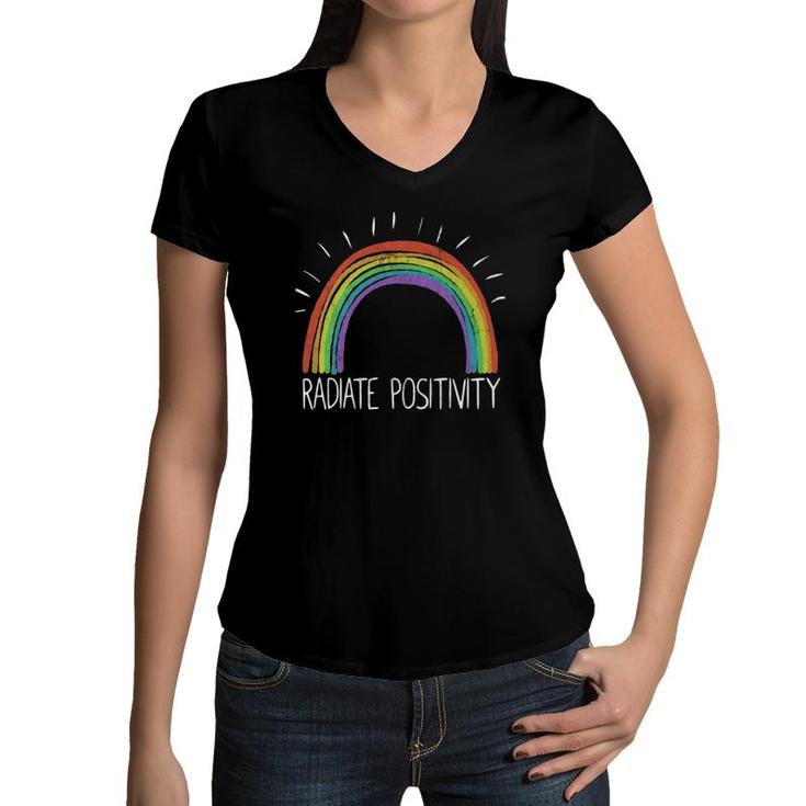 Vintage Rainbow Radiate Positivity For Women Men Kids Women V-Neck T-Shirt
