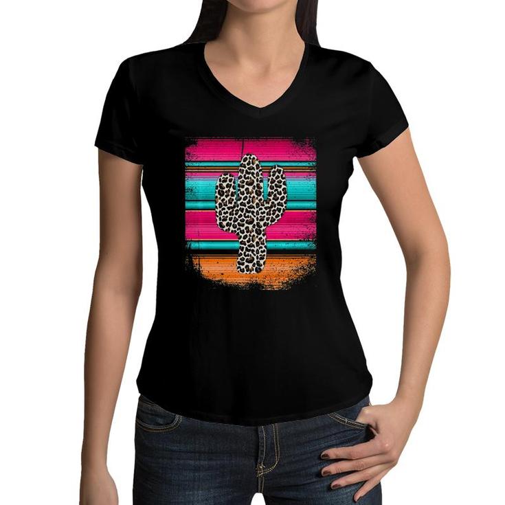 Western Leopard Serape Print Cactus Cowgirl Pink  Women V-Neck T-Shirt