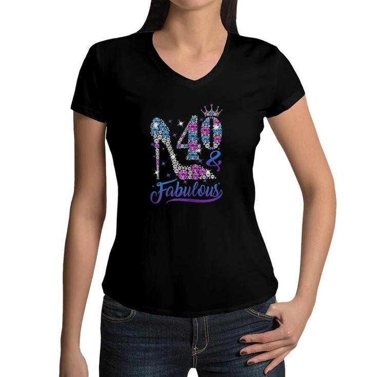 Womens 40 And Fabulous Stepping Into My 40th Birthday Gift Womens Women V-Neck T-Shirt