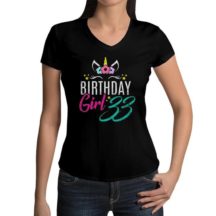 Womens Birthday Girl 33 Years Old Gift Cute Unicorn Face 33Rd Bday  Women V-Neck T-Shirt