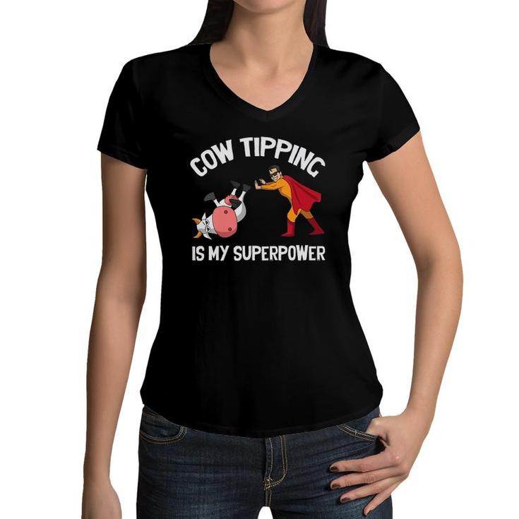 Womens Funny Cow Tipping Redneck Super Hero Humor Country Farm Boy Women V-Neck T-Shirt