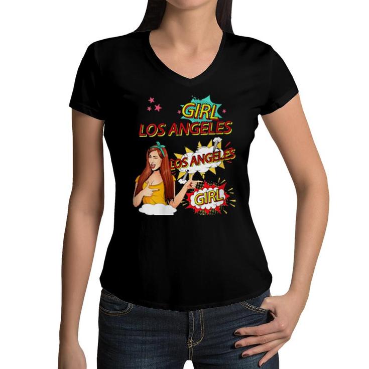 Womens Girl From Los Angeles Comic Style Los Angeles Girl  Women V-Neck T-Shirt