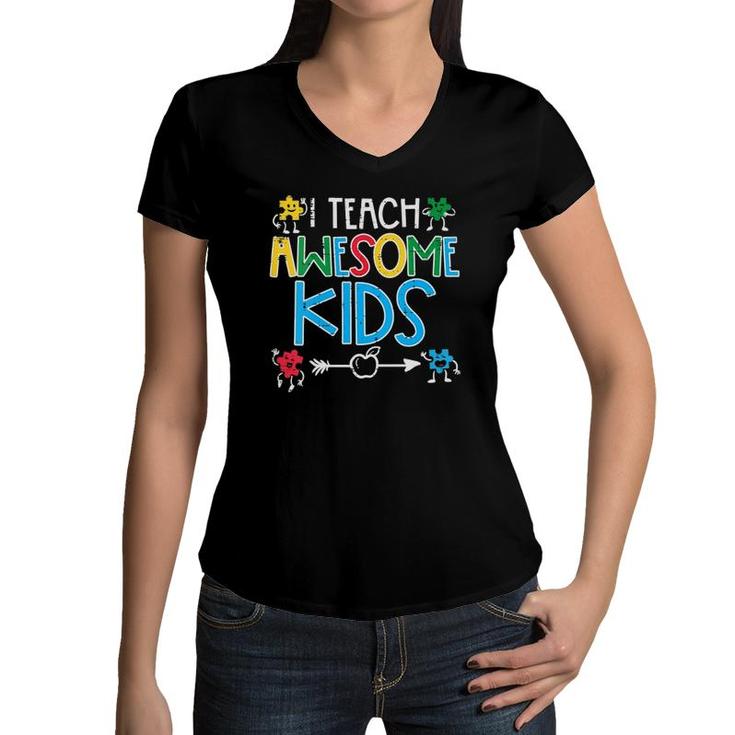 Womens I Teach Awesome Kids Autism Awareness Sped Teacher Men Women V Neck Women V-Neck T-Shirt