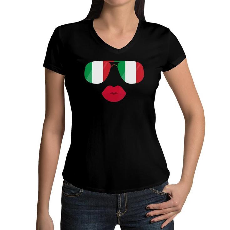 Womens Italy Flag Sunglasses Lips Italia Flags Italian Women Girl Women V-Neck T-Shirt