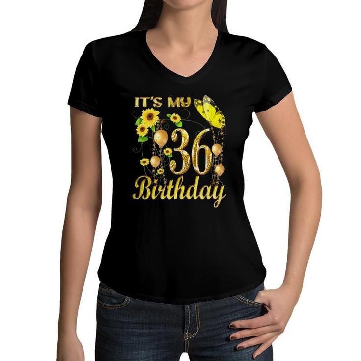 Womens It's My 36Th Birthday 36 Years Old Girl Sunflower Butterfly Women V-Neck T-Shirt