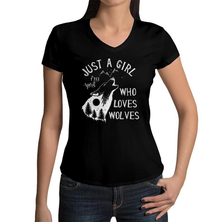 Womens Just A Girl Who Loves Wolves  Gift Wolf Women Girls V-Neck Women V-Neck T-Shirt