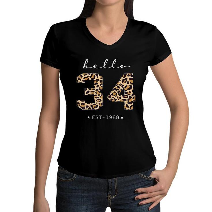 Womens Leopard Hello 34Th Birthday Est 1988 Bday 34 Years Old Girl  Women V-Neck T-Shirt