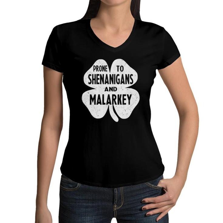 Womens Prone To Shenanigans And Malarkey Funny St Patrick's Day Boys V-Neck Women V-Neck T-Shirt