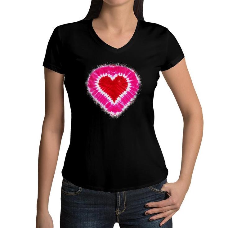 Womens Toddler Kids Adults Red Pink Heart Tie Dye Valentine's Day Women V-Neck T-Shirt