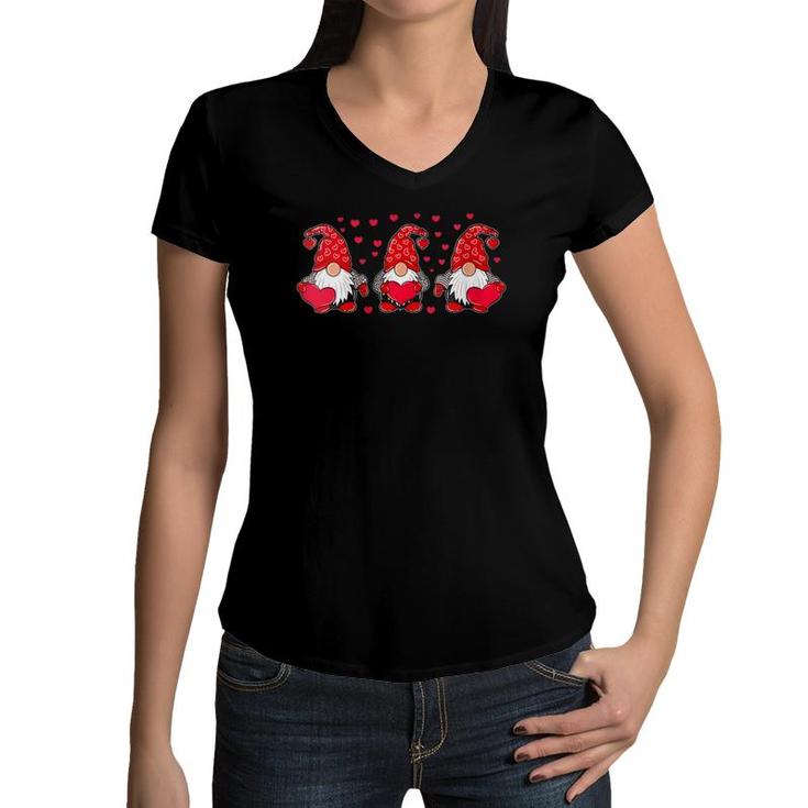 Womens Valentine Gnomes Three Gnomes Love For Boys Girls  Women V-Neck T-Shirt