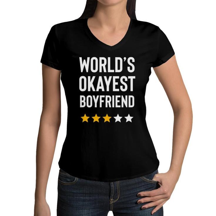 World's Okayest Boyfriend Funny Birthday Christmas Gag Gift Women V-Neck T-Shirt