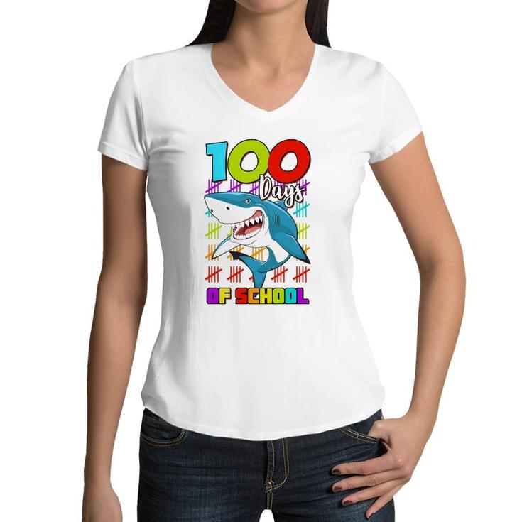 100 Days Of School Shark Lover Boys Girls 100 Days Smarter Women V-Neck T-Shirt