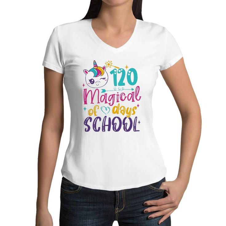 120Th Day Of School Unicorn 120 Magical Days Teacher Girls Women V-Neck T-Shirt