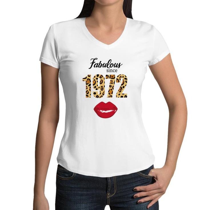 50Th Birthday Gift Happy Fabulous Since 1972 Leopard Lips Women V-Neck T-Shirt