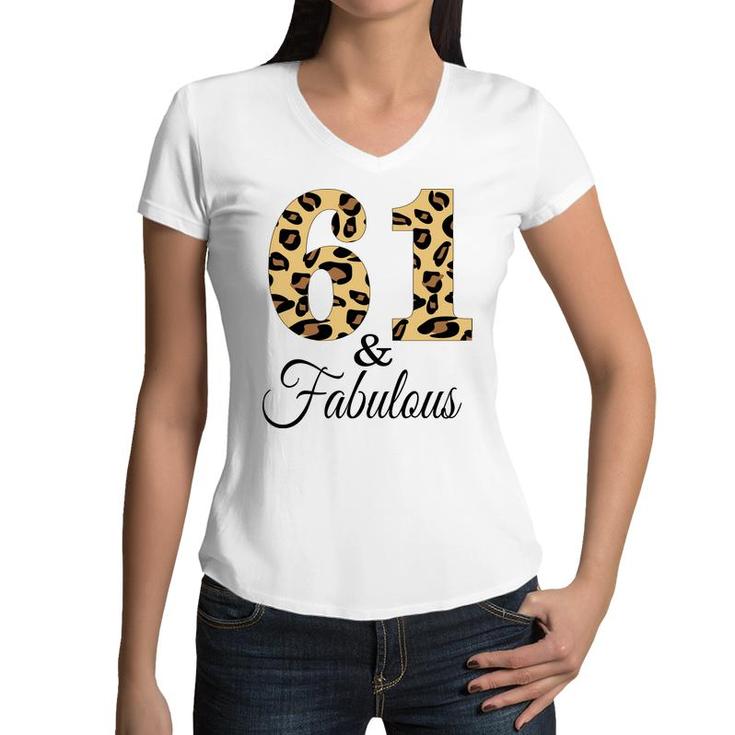 61 And Fabulous Leopard Pattern Happy 61Th Birthday Women V-Neck T-Shirt