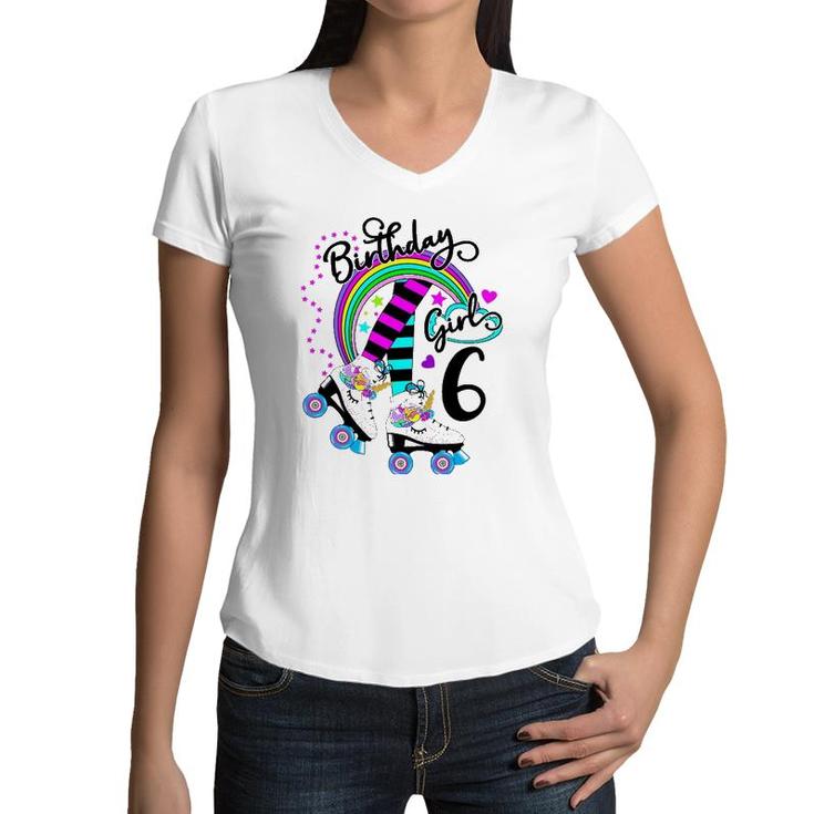 6Th Unicorn Roller Skate Birthday Party For Girls Women V-Neck T-Shirt